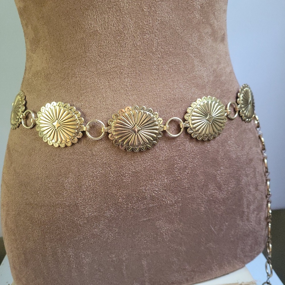 Gold Tone Sunburst Concho Chain Belt Adjustable 41 Inch Western Coastal Cowgirl